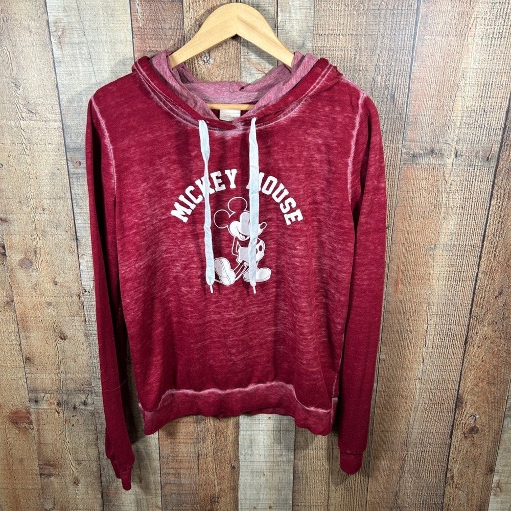 Disney Mickey Mouse Burnout Graphic Hoodie Burgundy Red XL Sweatshirt Cozy